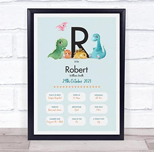 Информация за раждане на ново дете, подарък принт под формата на динозавър в детската стая за кръщаване, инициал R