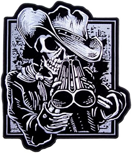 Кожена Отличен Каубойски Скелет с Бродирани байкерской Нашивкой с Пушка-Бял-Голям