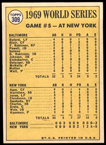 1970 Topps # 309 1969 Световните серии - Игра на # 5 - Косман затваря вратата Джери Косман Ню Йорк/Балтимор Метс / Ориолс (Бейзболна картичка), Ню Йорк Метс / Ориолс