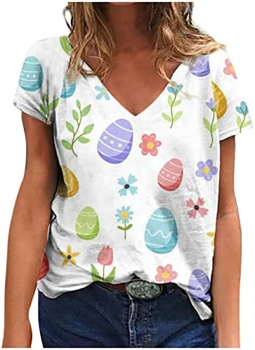 Блуза с Цветен Модел, Тениска за Момичета, Памучен Тениска с Къс Ръкав и V-образно деколте, Сладко Отгоре за Cosplay, с Изображение на Животно-Заек G3