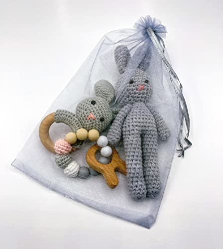 Подаръчен Комплект за Детски играчки, свързани с плетене на една кука, от естествен бук и памук, Плюшено Зайче, Пръстен За никнене