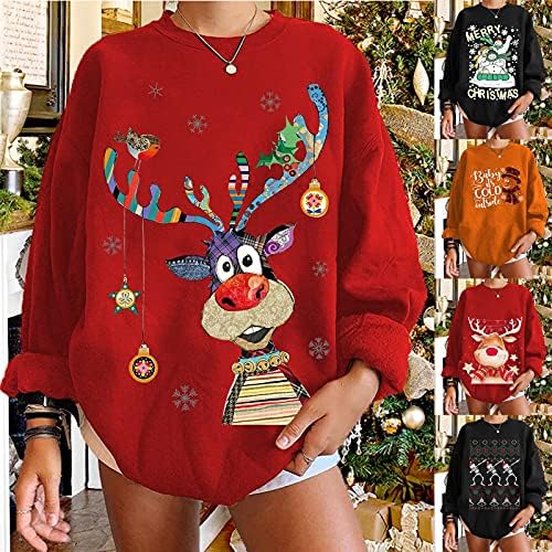 QTOCIO Hoody за Жени Коледа Големи Забавни Пуловери Празник Коледа Печат Кръгъл Отвор Пуловер Тениски с Дълъг Ръкав,