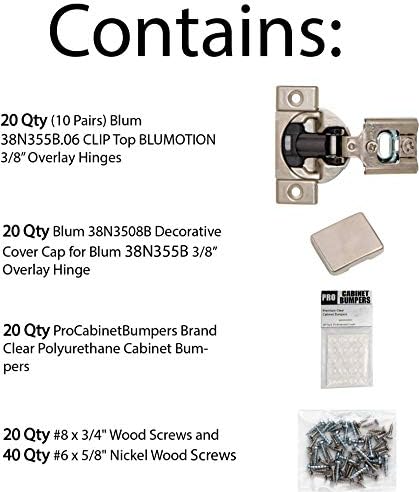 Blum (20 броя в пакет) 3/8 Външен панта меко затваряне на 38N355B.06 със завъртане на 105 ° Blumotion с Винтове, Свещи, брони ProCabinetBumpers