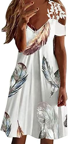 iQKA женски лятото ежедневна рокля-риза с открити рамене и V-образно деколте, къса мини плажни рокли с флорални