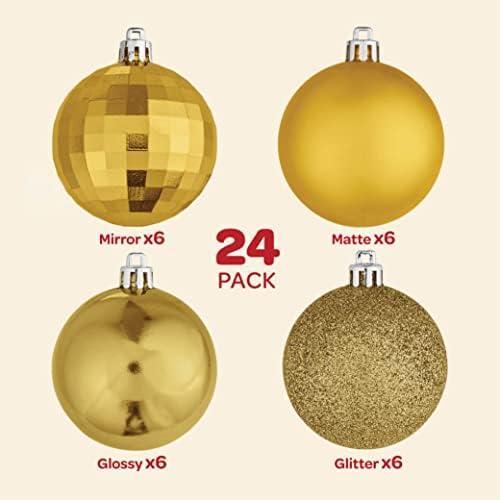 Комплект коледни орнаменти от 24 красиви [Златни] украса за Коледната елха, Комплектът бижута - 4 Стил, Лъскав /Мат/Slr/Нечупливи/Предварително