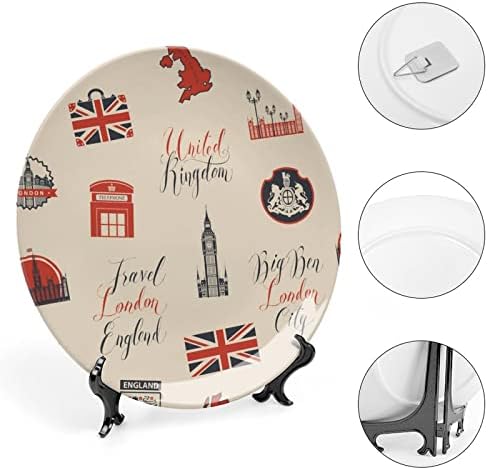 Тема на Великобритания и Лондон с Надписи Реколта Декоративна Чиния от Костен Порцелан със Стойка за Дисплея