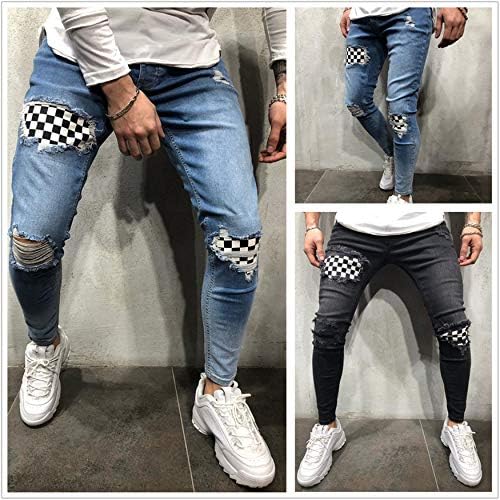 Мъжки Скъсани Дънкови панталони Andongnywell и Тесни Модни Дънки с прави штанинами Slim Fit Stretch с цип