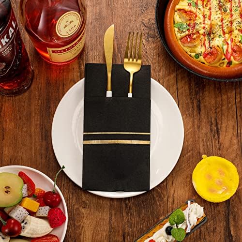100 Опаковки Черни Салфетки за хранене за Еднократна употреба Ленени Салфетки за хранене, с Вграден джоб за прибори за