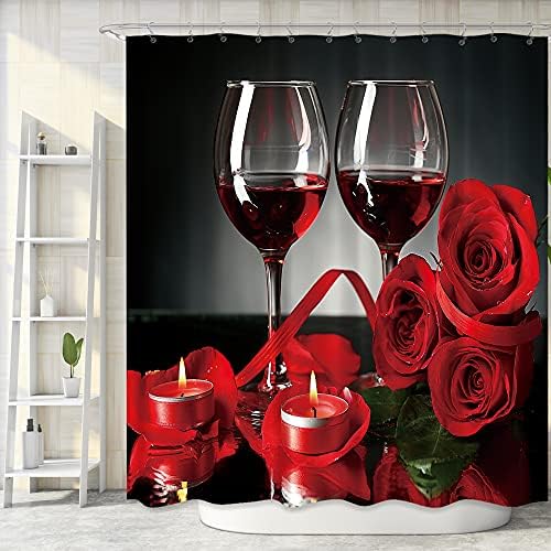 Riyidecor Червено Вино Розе Завеса за Душ за Декор на Банята 72Wx72H Цолови Валентин Романтична Цвете на Цвете Влюбен Чифт Свещи