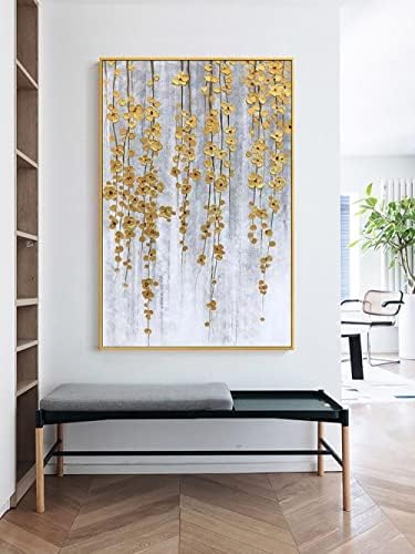 Картини върху платно Стенно Изкуство, Абстрактна Лоза Златни Цветя Модерна Ръчно Рисувани с маслени Бои Плътна