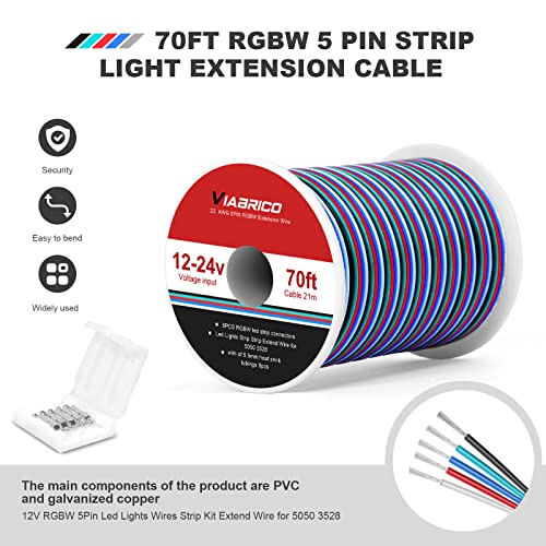 VIABRICO 70FT 22 AWG удължителен кабел 5pin тел RGBW, с намотка и 6 броя Конектори за led ленти RGBW, за led лампи,