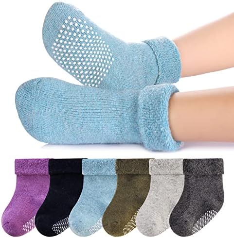 6 Двойки Нескользящих Чорапи За Малки Момчета и Момичета, Зимни Дебели Меки Вълнени Бебешки Чорапи с Дръжки