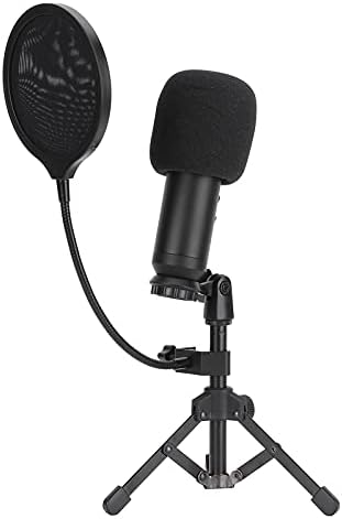 Микрофон кондензаторен кабелен микрофон, записващо устройство без USB драйвер на апарата със стойката (черен)