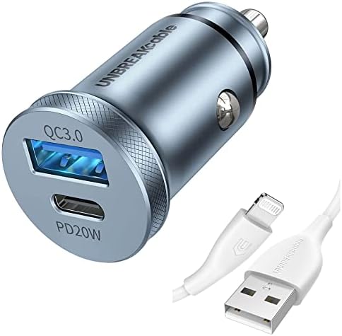 Небьющееся зарядно за кола USB C мощност 38 W за бързо зареждане [Цельнометаллическое] С двете пристанища PD и КУ 3.0 + 6,6 фута кабел Светкавица за зарядно iPhone [C89, сертифици