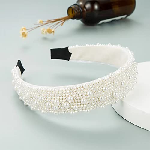 Дамски превръзки с перли LOPURO, бяла сватбена превръзка на главата Лента за коса от изкуствени перли и страз Широка панделка за коса с перли, елегантна перлена превръ