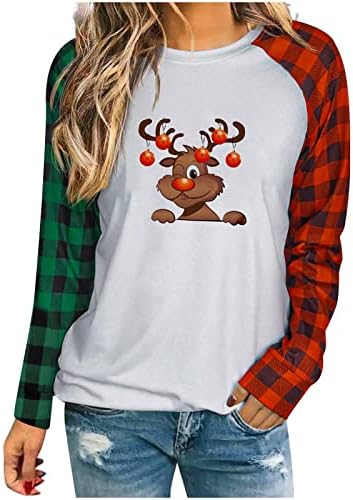 Коледна Hoody за Жени, Коледно Дърво, Карирани Принт, Raglan, тениски с Дълъг Ръкав и Кръгло Деколте, Коледен Пуловер,