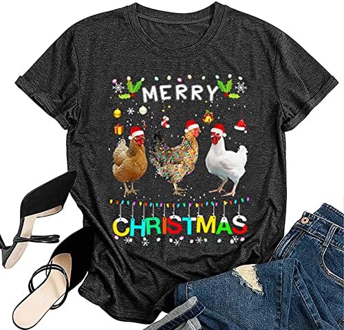 Дамски Коледни Тениски с Къс ръкав, Блузи с пилешко месо Весела Коледа, Блуза, под формата на Шапката на Дядо Коледа, Пуловер, Тениска с кръгло деколте