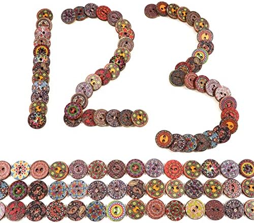 TUUXI Дървени Копчета 100шт Кръгъл Бутон с 2 Дупки с 15 мм по Старомодния Ретро Оцветени Цветя за Шиене на Изработване на DIY Различни Цветни Модели 0.6 инча