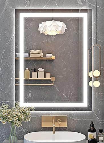 Klajowp 32 x 24 Led огледало за баня с преден панел + осветление, Огледало за баня от закалено стъкло с подсветка, Противотуманное, 3 Цвята с плавно регулиране на яркостта, ог