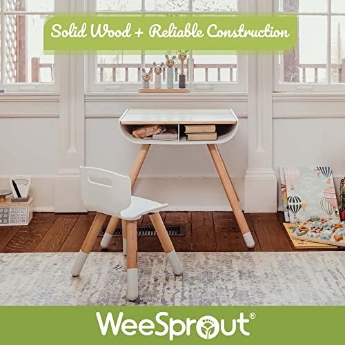 Комплект маси и столове WeeSprout за деца, Здрави Крака от масивна дървесина + Повърхност на масата, Регулируема височина, Вградено съхранение, Сглобяване без инструмен