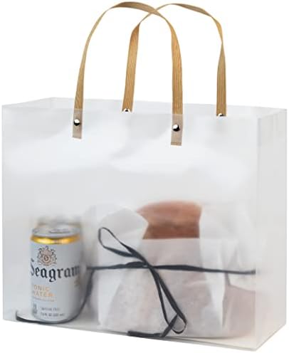 Подаръчни пакети Hammont Clear Frosted - 10 опаковки - Найлонови торбички за еднократна употреба с кафява сламена дръжка