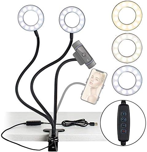 NexiGo 3,5-Инчов двоен околовръстен лампа за Селфи с подвижен държач телефон и уеб камера, 3 режима на осветление,