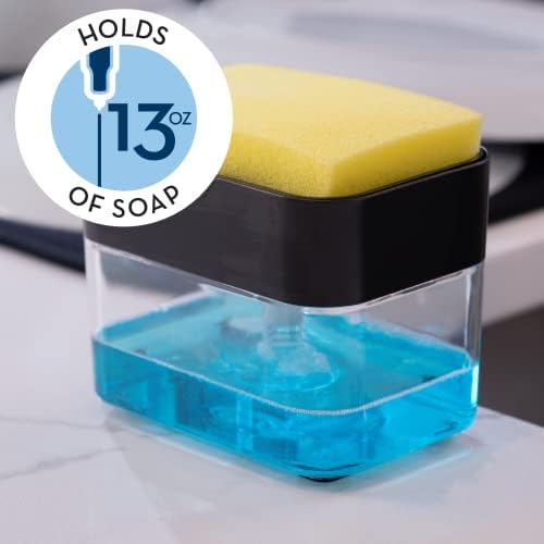 S & T INC. Опаковка сапун за съдове и притежателя гъба за кухненска мивка с разширени функции, Гъба в комплект, 13 грама, Матово черно