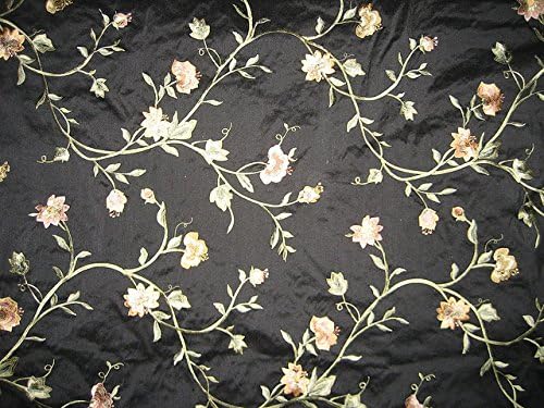 Коприна тъкани Puresilks Dupioni черен цвят с бродерия на цветя